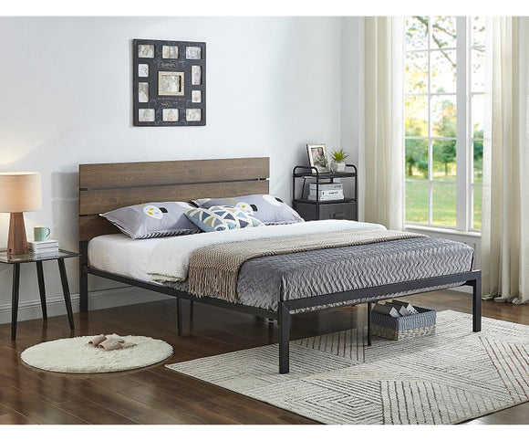 Queen Metal Bed Frame With Wood Panels