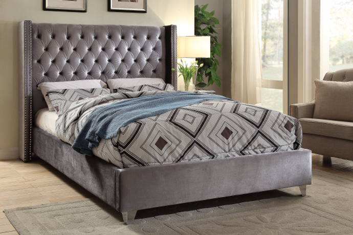 IF-5890 Grey Velvet Fabric Bed