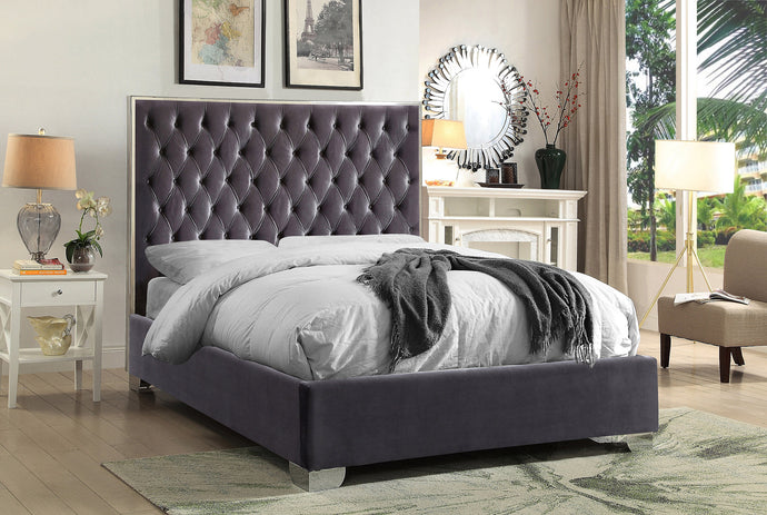 IF-5540 Grey Velvet Fabric with Deep Tufting and Chrome Trim on Headboard